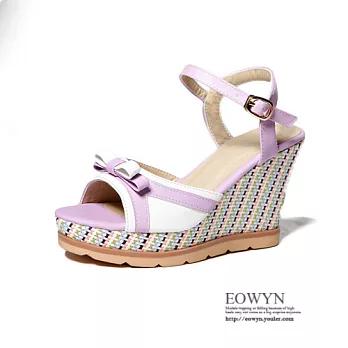 EOWYN.法國女伶輕時尚百搭釦環甜美拼色蝴蝶結顯瘦坡跟楔形涼鞋EMD01265-79/3色/34-39碼現貨+預購紫色34