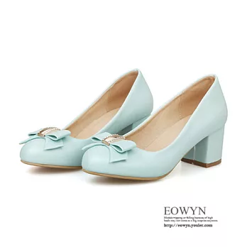 EOWYN.英倫時尚甜美蝴蝶結圓頭簡約潮流百搭粗中跟包鞋/娃娃鞋EMD01277-62/3色/34-39碼現貨+預購藍色34