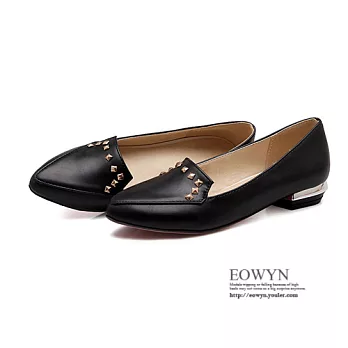 EOWYN.韓國時尚休閒簡約尖頭鉚釘舒適百搭粗低跟包鞋/紳士鞋EMD01267-58/4色/34-39碼現貨+預購黑色34