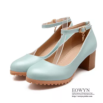 EOWYN.英倫時尚甜美優雅簡約圓頭釦環垂飾百搭粗中跟包鞋/娃娃鞋EMD01276-58/3色/34-39碼現貨+預購藍色34