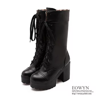 EOWYN.秋冬時尚華麗款顯瘦保暖毛絨綁帶圓頭粗跟長靴EMD01334-75/2色/34-39碼現貨+預購黑色34