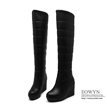 EOWYN.秋冬時尚百搭顯瘦款簡約性感圓頭坡跟長靴EMD01337-86/3色/34-39碼現貨+預購黑色34