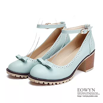 EOWYN.歐美時尚百搭甜美蝴蝶結圓頭金屬釦休閒粗跟包鞋/牛津鞋EMD01342-63/2色/34-39碼現貨+預購藍色34