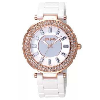 Folli Follie 舞動華爾茲時尚晶鑽腕錶-玫瑰金框白x陶瓷錶帶x大