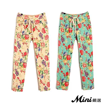 長褲 花朵抽繩哈倫九分褲 二色-Mini嚴選-S(綠色)