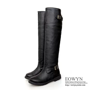 EOWYN.秋冬時尚顯瘦款金屬釦素面大開口百搭平底長靴EMD01519-68/2色/34-39碼現貨+預購黑色34