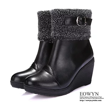 EOWYN．英倫時尚雪地靴金屬釦環毛絨拉鏈圓頭坡跟短靴EMD01612-69/3色/34-39碼現貨+預購黑色34