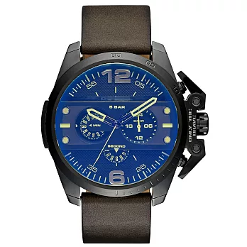 DIESEL 鋼鐵之臂潮流個性腕錶-鍍膜玻璃藍x深咖啡皮帶