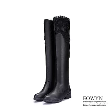 EOWYN.2015秋冬季新品平底顯瘦性感甜美印花百搭粗低跟長靴/膝上靴EMD01614-82/2色/34-39碼現貨+預購黑色34