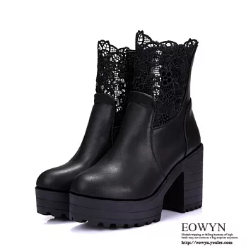 EOWYN．2015時尚新款復古英倫馬丁靴潮粗跟拉鏈高跟短靴EMD01615-73/3色/34-39碼現貨+預購黑色34