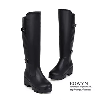 EOWYN.時尚性感百搭顯瘦款簡約扣環毛絨粗跟長靴EMD01616-75/3色/34-39碼現貨+預購黑色34