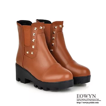 EOWYN.2015秋冬季新款時尚歐美馬丁靴英倫鉚釘粗跟平底短靴EMD01617-65/3色/34-39碼現貨+預購黃色36