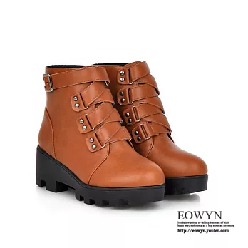 EOWYN.歐美時尚扣環毛絨素面百搭粗跟平底短靴EMD01618-65/3色/34-39碼現貨+預購黃色34