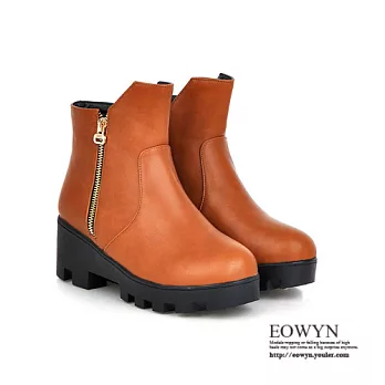 EOWYN.秋冬時尚內毛裡圓頭拉鏈百搭粗平底短靴EMD01620-65/3色/34-39碼現貨+預購黃色34