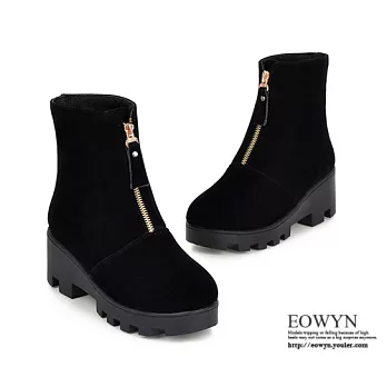 EOWYN.韓系時尚學院風拉鏈毛絨粗跟平底短靴EMD01621-65/3色/34-39碼現貨+預購黑色34