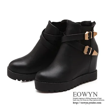 EOWYN.英國時尚百搭款金屬扣環拉鏈平底內增高短靴EMD01550-83/3色/34-39碼現貨+預購黑色34
