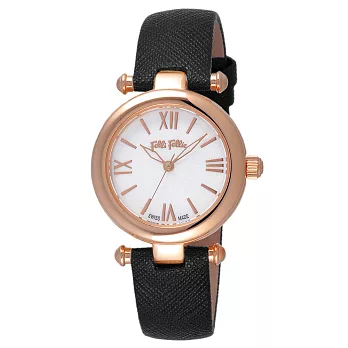 Folli Follie 擁抱晨曦時尚腕錶-玫瑰金框白x黑皮帶