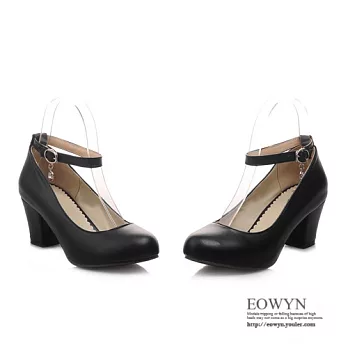 EOWYN.韓版時尚圓頭金屬釦水鑽垂飾百搭粗中跟包鞋/娃娃鞋EMD01383-57/4色/34-39碼現貨+預購黑色34