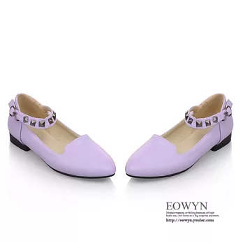 EOWYN.韓系時尚甜美圓頭淺口金屬釦鉚釘百搭粗低跟包鞋/娃娃鞋EMD01400-46/3色/34-39碼現貨+預購紫色34