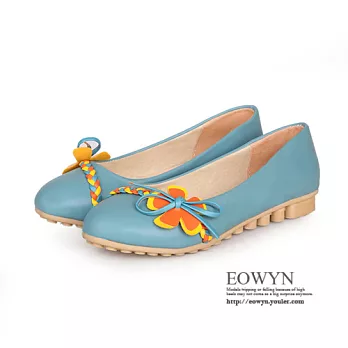 EOWYN.韓系時尚甜美拼色編織花朵蝴蝶結百搭平底包鞋/娃娃鞋/豆豆鞋EMD01522-39/3色/34-39碼現貨+預購藍色34
