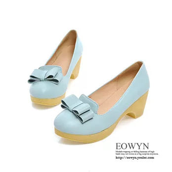 EOWYN.韓版時尚個性甜美可愛蝴蝶結百搭圓頭粗跟包鞋/娃娃鞋EMD01503-58/3色/34-39碼現貨+預購藍色34