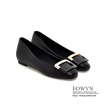EOWYN.2015春秋方頭金屬釦平跟平底休閒韓版OL女包鞋EMD01544-70/3色/34-39碼現貨+預購黑色34