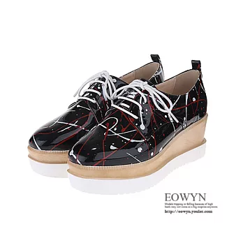 EOWYN.韓版時尚個性甜美拼色花紋綁帶休閒百搭坡跟鬆糕包鞋EMD01435-86/2色/34-39碼現貨+預購黑色34