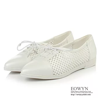 EOWYN.歐美時尚包鞋百搭學院風格造型綁帶尖頭鏤空平底鞋EMD01438-75/2色/34-39碼現貨+預購白色34
