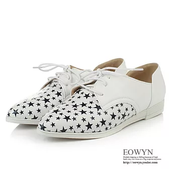 EOWYN.韓系時尚百搭甜美五星印花平底包鞋綁帶尖頭休閒紳士鞋EMD01440-77/2色/34-39碼現貨+預購白色34
