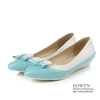 EOWYN.日系甜美繽紛款可愛拼色蝴蝶結尖頭平底坡跟包鞋EMD01446-69/2色/34-39碼現貨+預購藍色34