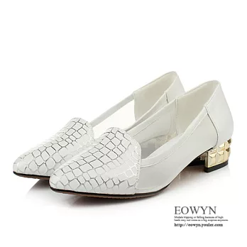 EOWYN．歐美時尚個性涼鞋簡約網紗石頭紋尖頭粗低跟包鞋EMD01450-82/2色/34-39碼現貨+預購白色34