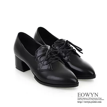 EOWYN.英倫時尚學院風尖頭甜美綁帶休閒百搭粗中跟包鞋/紳士鞋EMD01531-67/3色/34-39碼現貨+預購黑色34