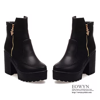 EOWYN.英倫復古粗中跟時尚女靴潮休閒約會氣質側拉鏈短靴EMD01461-73/4色/34-39碼現貨+預購黑色34