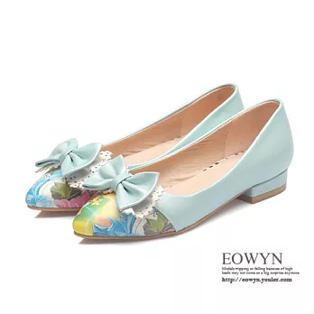 EOWYN.時尚休閒甜美拼色印花蝴蝶結尖頭粗中跟包鞋EMD01467-65/3色/34-39碼現貨+預購綠色34