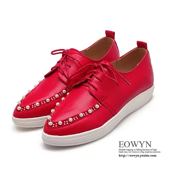 EOWYN．時尚獨特設計新款包鞋尖頭珍珠綁帶休閒百搭平底紳士鞋EMD01482-65/4色/34-39碼現貨+預購紅色38