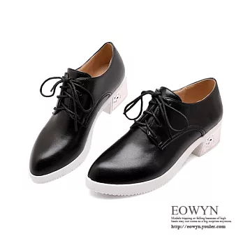 EOWYN.2015歐美風新品時尚系帶尖頭休閒粗中跟包鞋/紳士鞋EMD01483-65/3色/34-39碼現貨+預購黑色34