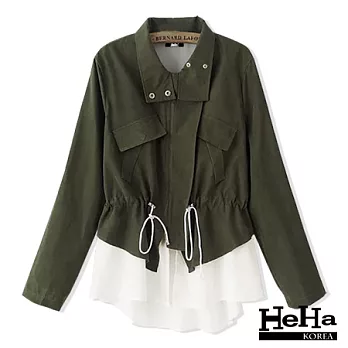外套 雪紡拼接假兩件抽繩風衣夾克外套 三色-HeHa-S(軍綠)