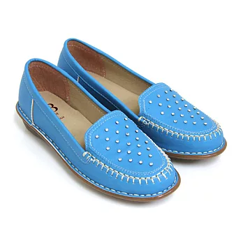 【Pretty】質感水鑽點綴小坡跟莫卡辛楔型鞋36藍色