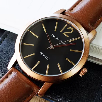 Daniel Wang 3127 簡約時尚刻度圓盤皮革錶帶手錶 (磨砂框)-咖啡金框