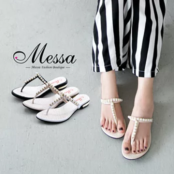 【Messa米莎專櫃女鞋】MIT 女孩心機典雅珠飾夾腳涼拖鞋-三色35白色