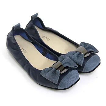 ◤Green Phoenix◥經典俏麗大朵蝴蝶結金屬面異材質拼接全真皮平底娃娃鞋22.5藍色