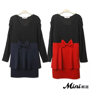 洋裝 蝴蝶結蕾絲拼接公主袖洋裝 三色-Mini嚴選-L(藏青)