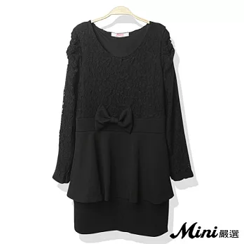 洋裝 蝴蝶結蕾絲拼接公主袖洋裝 三色-Mini嚴選-XL(黑色)