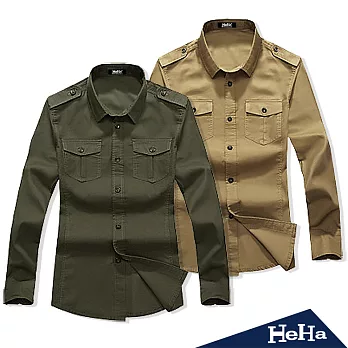 襯衫 軍裝風肩章雙口袋長袖襯衫 二色-HeHa-L(軍綠)