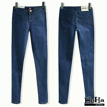牛仔褲 彈力高腰修身鉛筆褲 二色-HeHa-27(深藍)