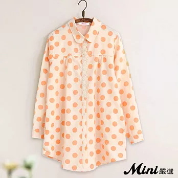 襯衫 棉麻花邊點點側口袋中長版襯衫 二色-Mini嚴選-FREE(橙色)