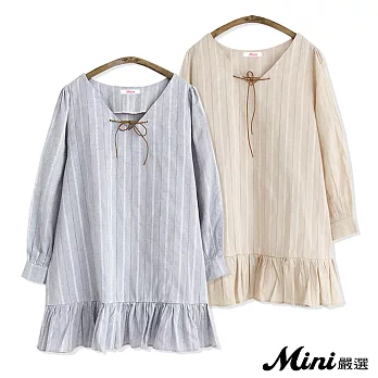 洋裝 棉麻寬鬆荷葉邊提花條紋娃娃裙 二色-Mini嚴選-FREE(卡其)