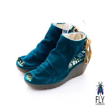 Fly London(女)★ROOCKIE 皺褶鞋面後綁帶魚口楔型短靴 - 酷酷藍35酷酷藍