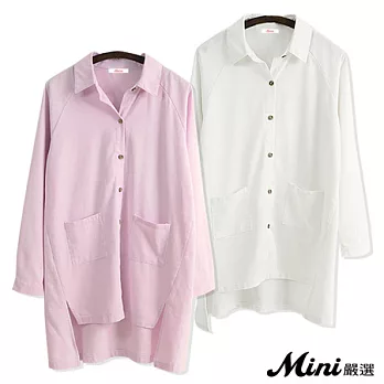 襯衫 長袖棉麻前短後長長版襯衫 二色-Mini嚴選-FREE(白色)