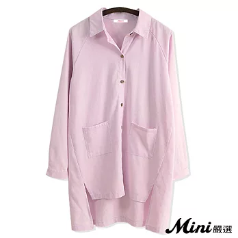 襯衫 長袖棉麻前短後長長版襯衫 二色-Mini嚴選-FREE(粉色)